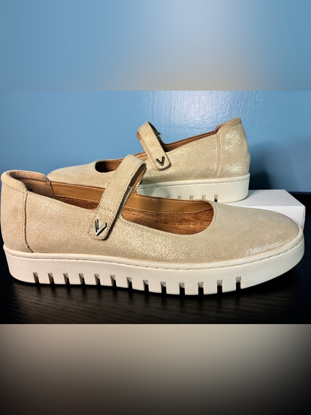 Vionic Shimmery Mary Jane Platform Clogs in Beige